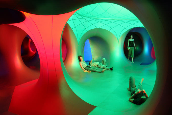 People inside Luminarium at the Sziget Festival, Obuda Island on the Danube.