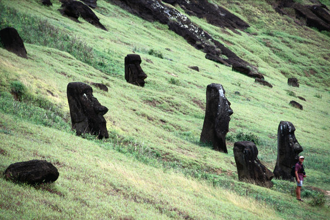 Rano Raraku, known as the nursery: maoi on the slope inside the crater - Easter Island