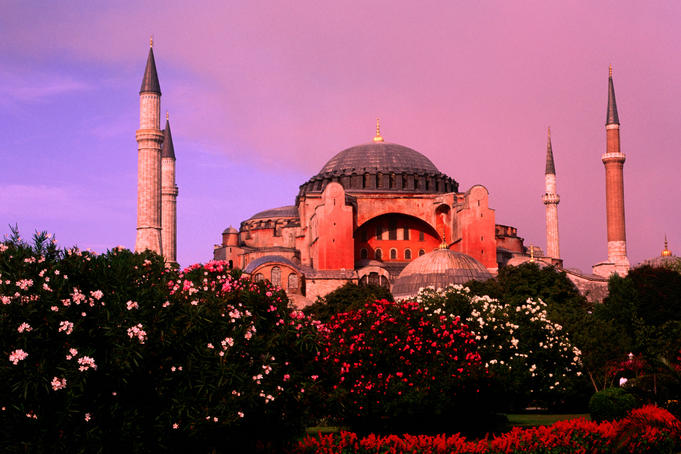 Exterior of Saint Sophia Church at sunset.
