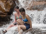 Passengers of Kimberley Quest II cruise vessel and waterfall, Berkeley River, Kimberley Coast.