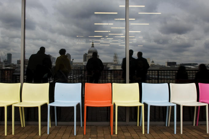Colored chairs outside cafe, Tate Modern Gallery, Southbank.