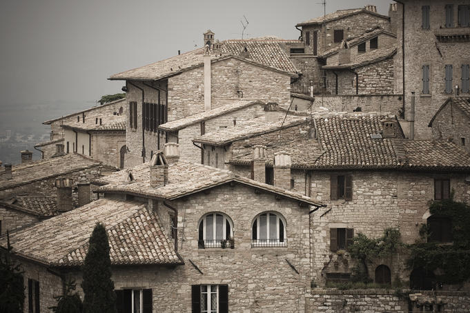 Town rooftops.