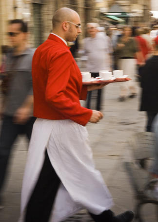 Waiter delivering coffee, Cafe Sandri, Corso Vannucci.