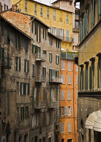 Colorful streetscape of buildings.