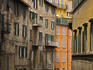 Colorful streetscape of buildings.