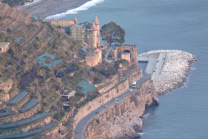 Overhead of coast road near Villa Rufolo, winter.