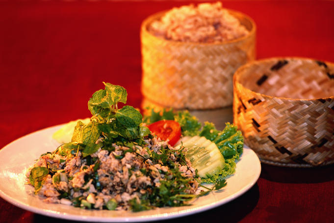 Sticky rice and chicken laap.
