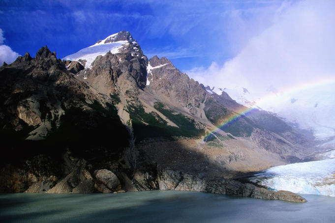 Rainbow over Laguna Torre and summit of Cerro Solo.