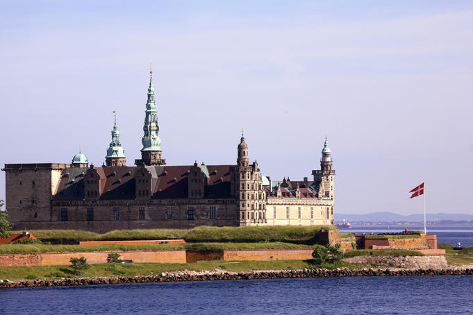Helsingor, Hamlet's castle, and Danish national flag.
