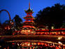 Chinese restaurant in Tivoli amusement park at dusk.