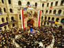 Atrium of Warsaw University of Technology during presidential campaign.