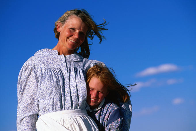 Portrait of Mormon mother and daughter, Mormon Pioneer Wagon Train to Utah, near South Pass.