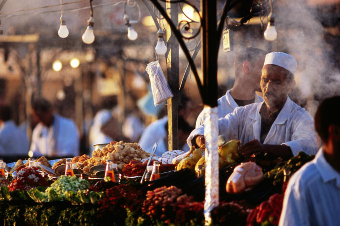 Food stalls at plaza Djeema el-Fna.