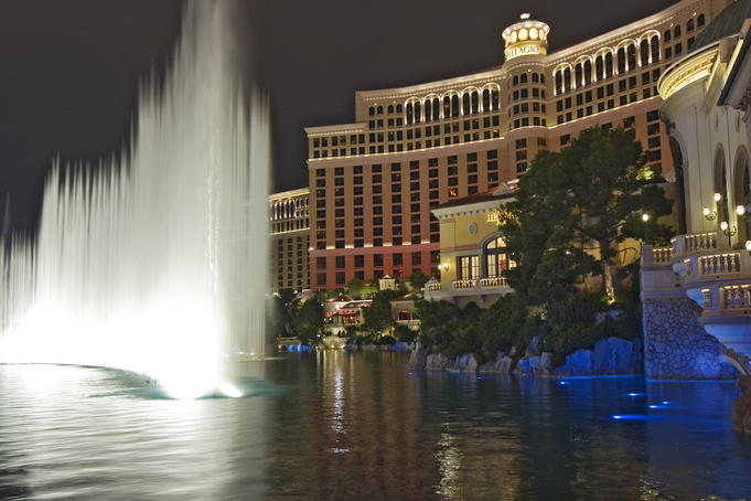 Bellagio hotel fountains at night.
