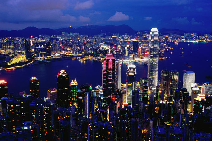 Hong Kong Island skyline & Victoria Harbour at dusk from Victoria Peak.