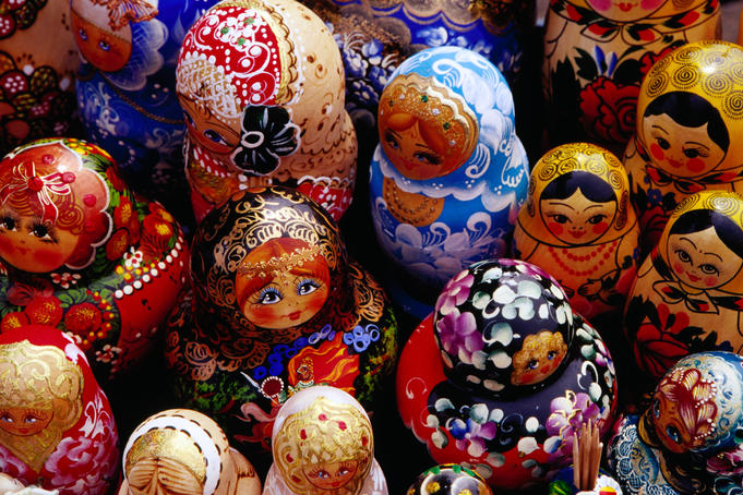 Matryoskha dolls for sale at souvenir market on waterfront in Listvyanka village on Lake Baikal.