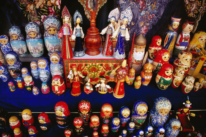 Matryoshkas displayed in shop window on Arbat Street.