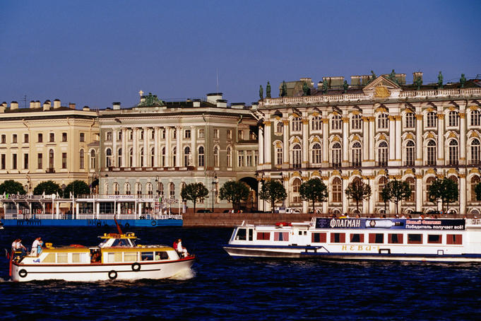 Tour boats on the Neva River outside the Hermitage.