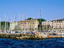 Stone wall sheltering yachts on Lake Geneva (Lac Leman).