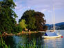 Boats moored on Zurichsee (Lake Zurich) from lakeside path on eastern shore.