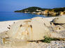 Bunkers on beach at resort town of Himara.