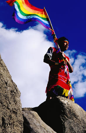 Flag bearer at ancient Incan Inti Raymi festival at Sacsayhuaman, above Cusco
