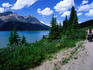 Cycling past Bow Lake, Icefields Parkway.