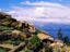 Thatched houses and garden plots above Lake Titicaca.