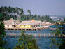 Stilt village on water.