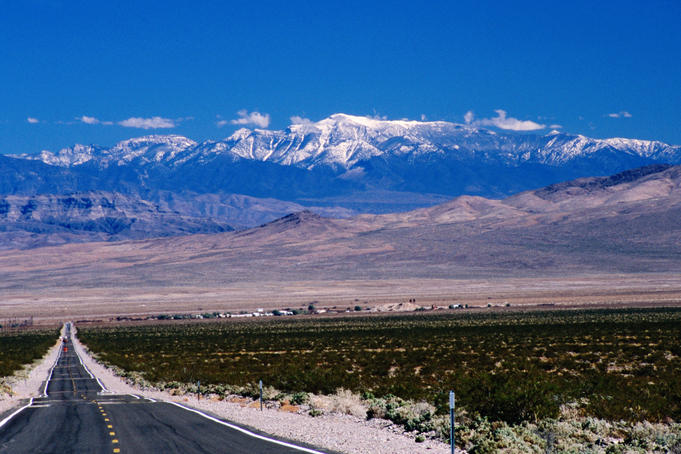 Death Valley Junction from CA 130, Spring Mountains (Nevada) in background.