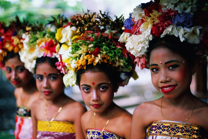 Portrait of Rejang dancers at temple anniversary.