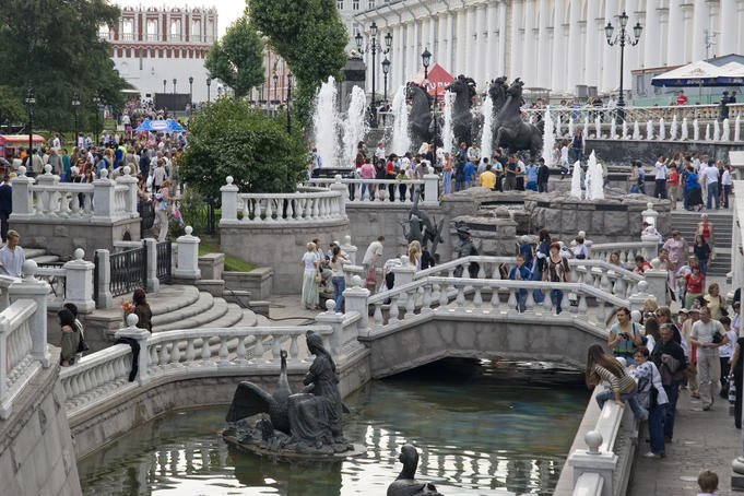 Canal and fountain outside Kremlin walls.