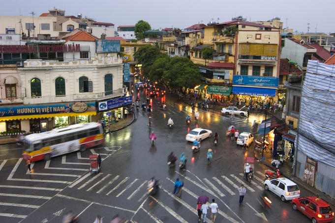 Traffic intersection, downtown Hanoi.