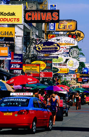 Taxis and shop signs, Khaosan Road.