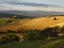 Early morning light over fields with plough in foreground and hills in background.