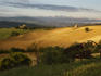 Early morning light over fields with plough in foreground and hills in background.