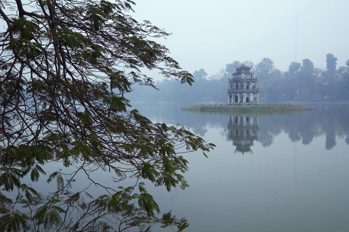 Pagoda in centre of Ho Hoan Kiem Lake (Lake of the Restored Sword).
