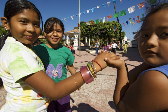 Children playing in village square, Mexcaltitán