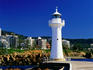 Historic Breakwater Lighthouse, Wollongong Harbour, with high rises in background.
