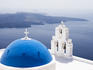 Overhead of Orthodox Church dome and bell tower, Fira.