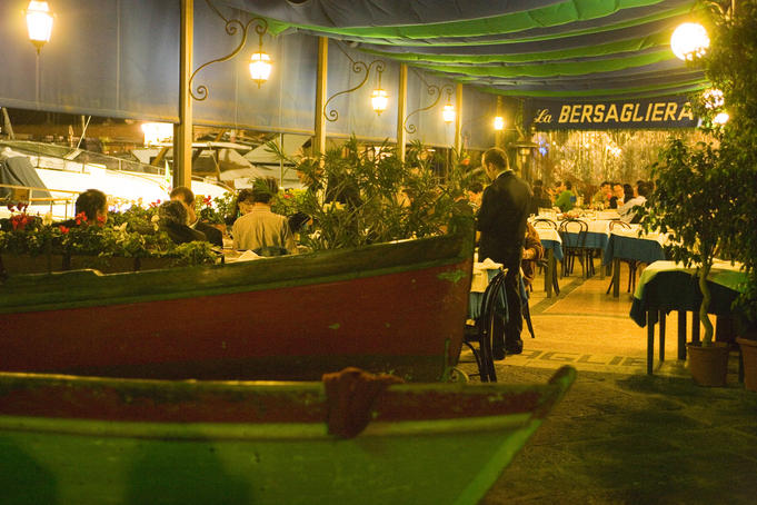 Boat filled entrance of La Bersagliera restaurant, Chiaia.