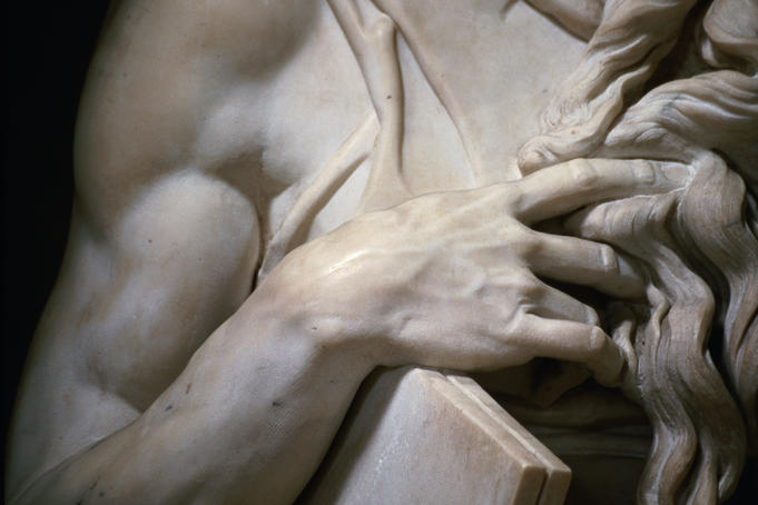 Detail of Michelangelo's <em>Moses receiving the Tablets of Stone</em> in San Pietro in Vincoli.