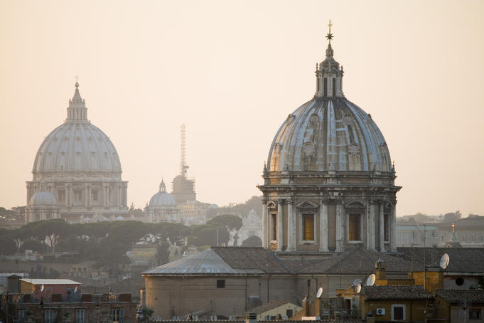St Maria Maggiore, foreground, with St Peter's Basillica beyond, from Capitoline Hill.