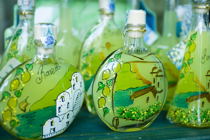 Decorated Limoncello bottles.