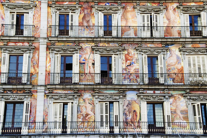 Frescoes on facade of Real Casa de la Panaderia (Royal Bakery) on Plaza Mayor.