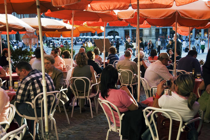 Open-air cafes on Plaza Mayor.
