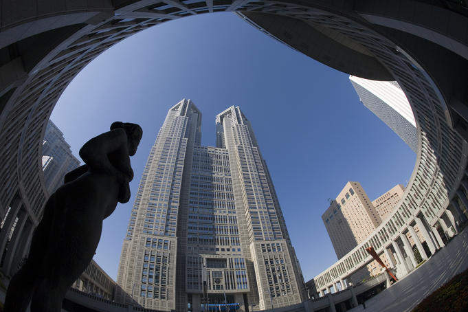 Looking up at twin towers of Tokyo Metropolitan Government offices, Shinjuku.