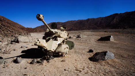 Ruined Chadian rebel tank in Jebel Arkno (Arkenu), southwest Libya.