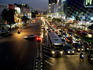 Overhead of city street at night.