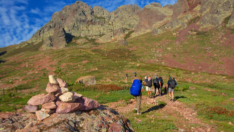 Cairn marking route on GR20 walking trail.